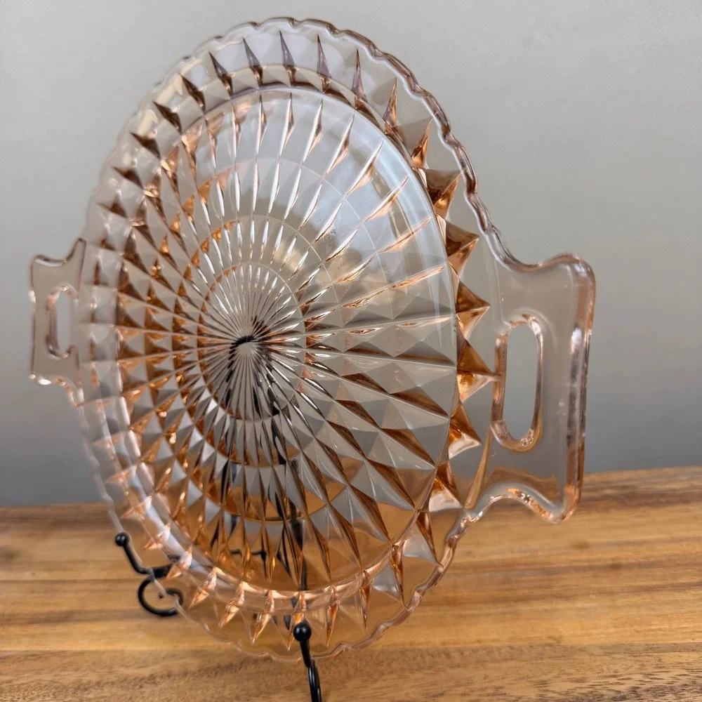 Jeanette Windsor Pattern Pink Depression Glass Cake Plate Handle Platter